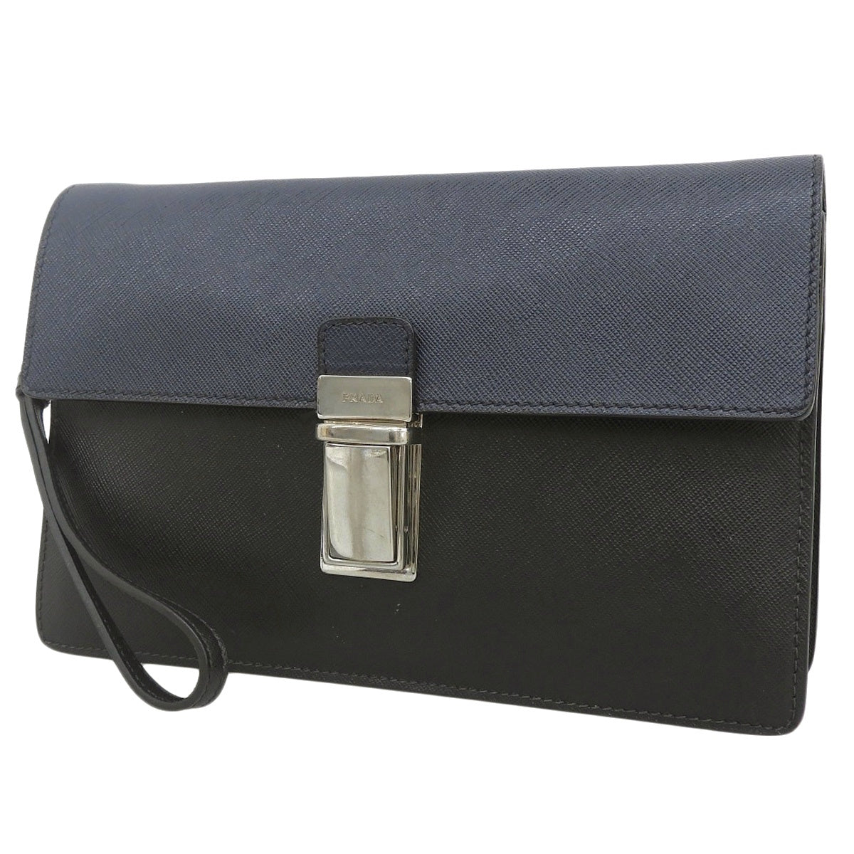 三角ロゴ クラッチバッグ サフィアーノレザー ネイビー ブラック VR0049