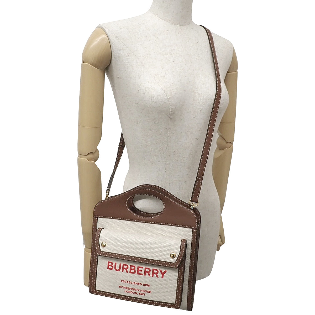 迷你口袋包，棉帆布和皮革材质，天然/麦芽棕色，8037401