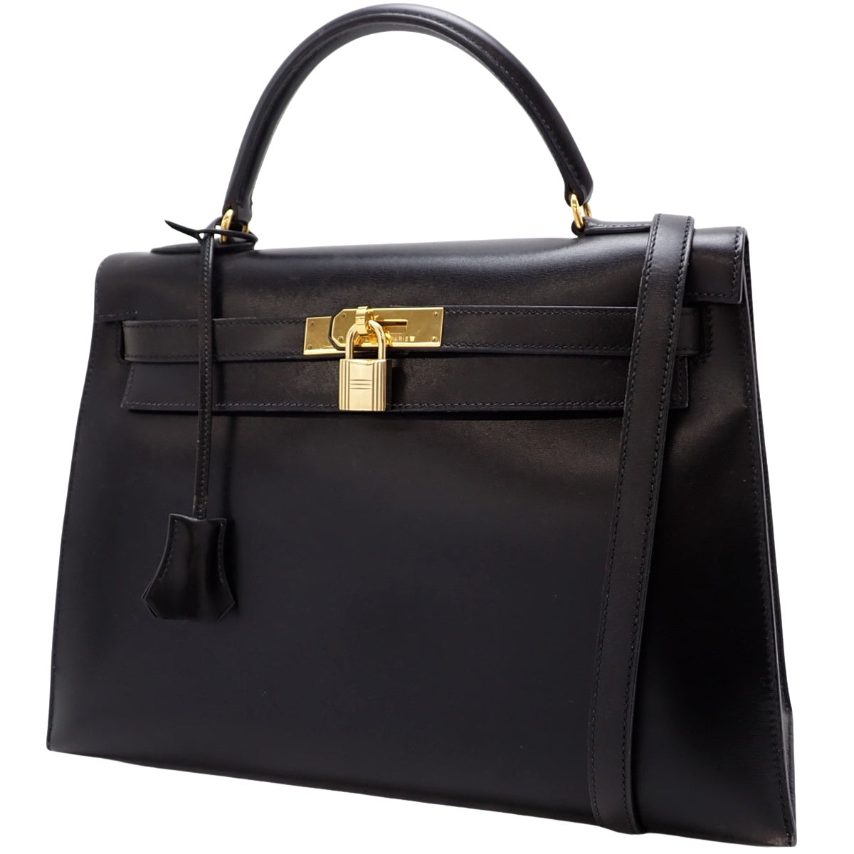 ケリー32 (外縫い) ボックスカーフ ブラック ゴールド金具 〇W刻印