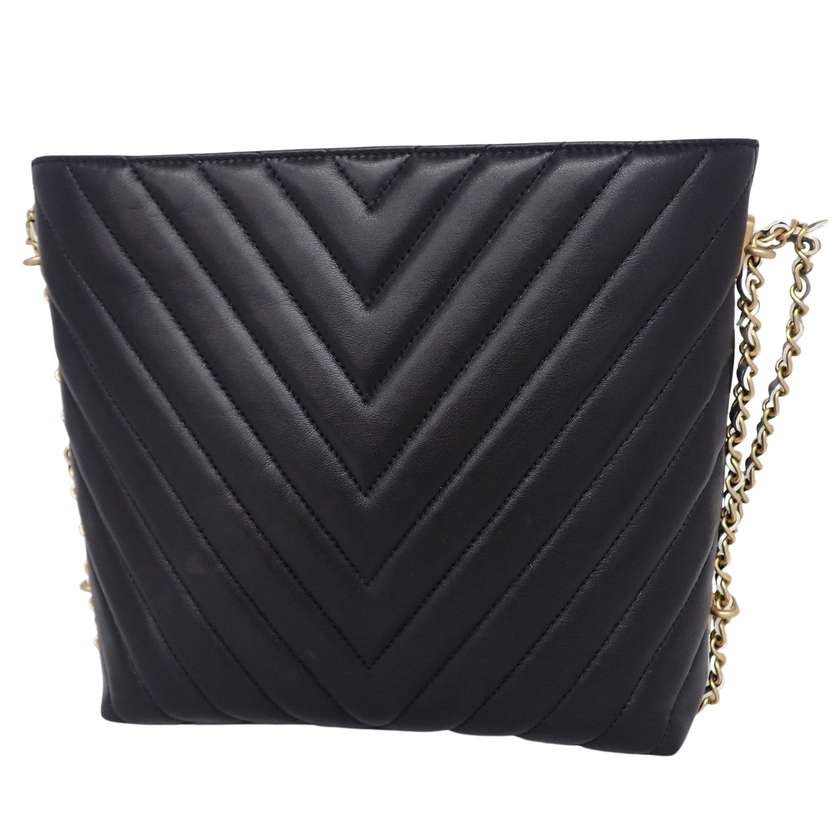 Vステッチ シェブロン チェーンショルダー レザー ブラック