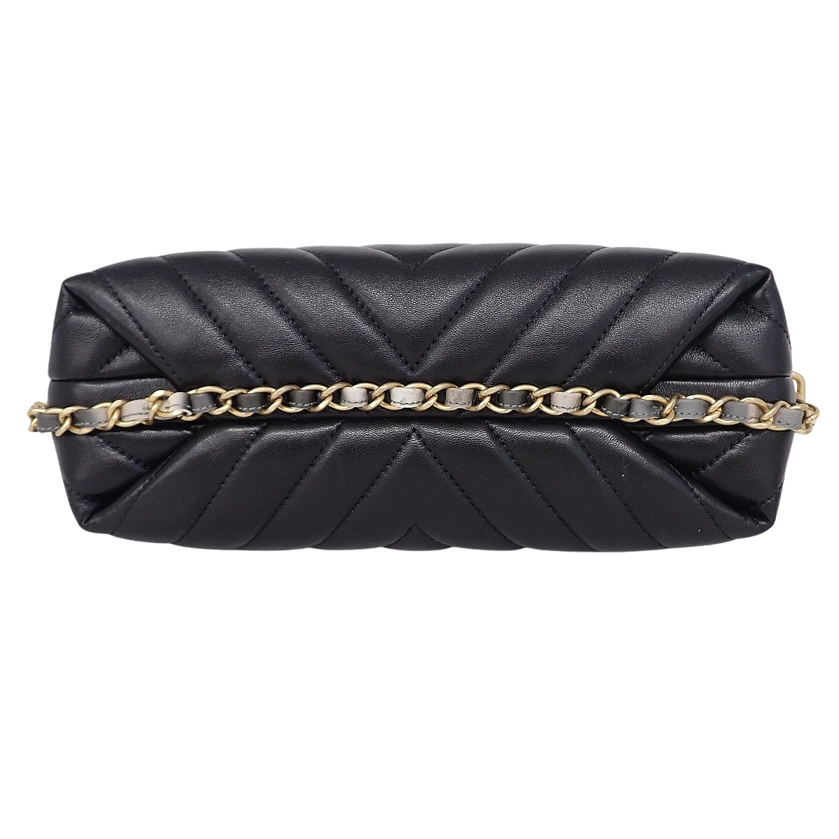 Vステッチ シェブロン チェーンショルダー レザー ブラック