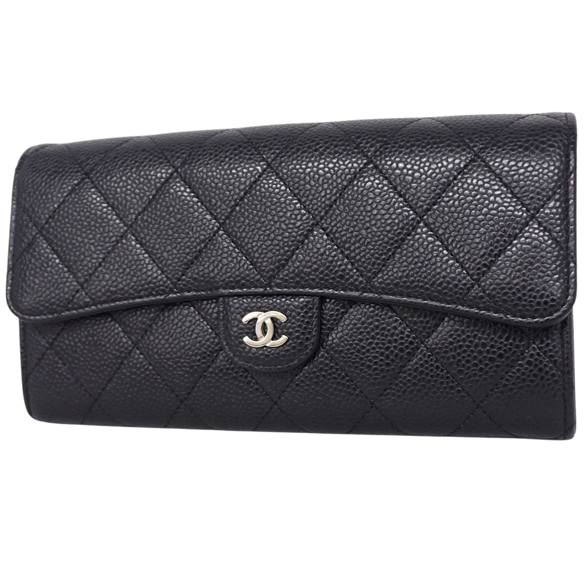 Matelassé Classic Long Flap Wallet in Black Caviar