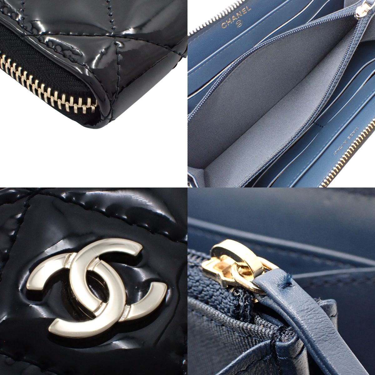 Matelasse Coco Mark Round Zip Long Wallet in Patent Leather/Enamel, Black