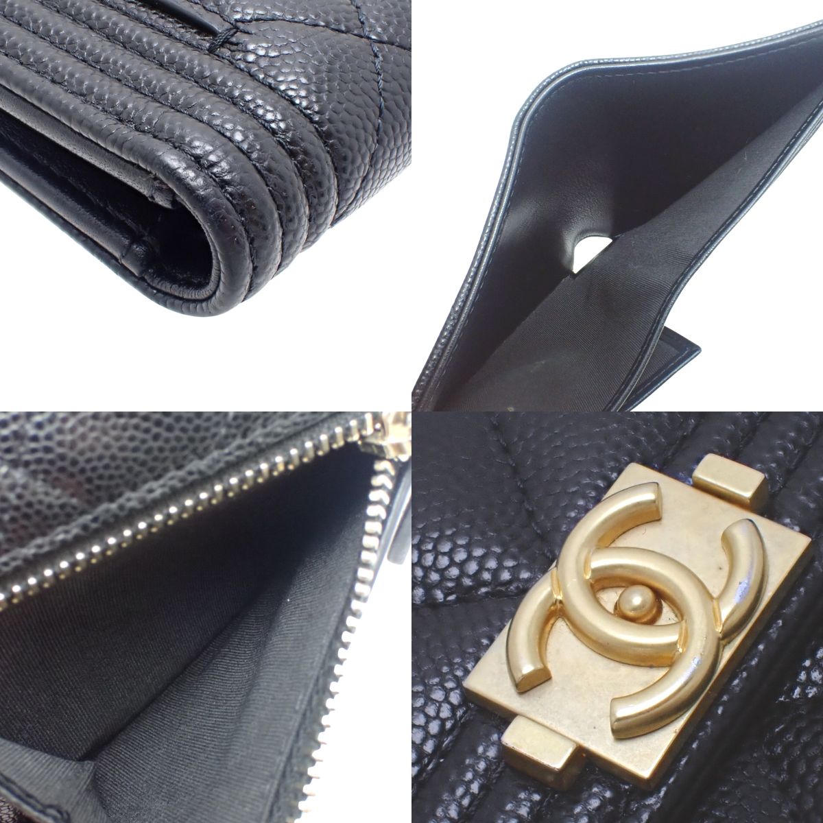 Boy Chanel 三折钱包，鱼子酱纹皮革，黑色