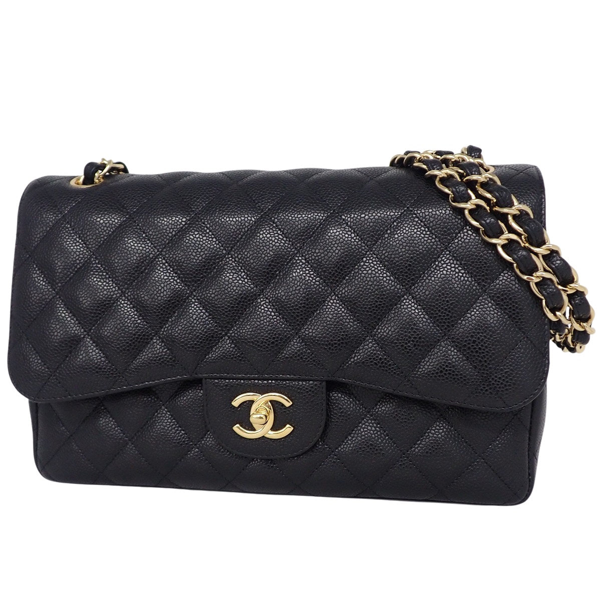 マトラッセ ココマーク Wフラップチェーンショルダーバッグ キャビアスキン ブラック