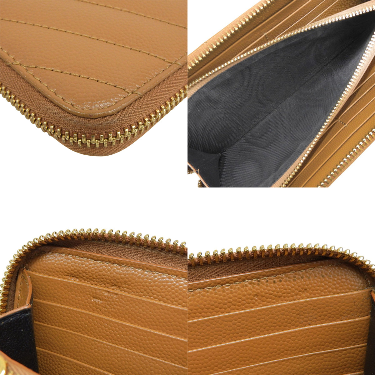 Monogram Saint Laurent Full Zip Wallet Leather Camel 358094