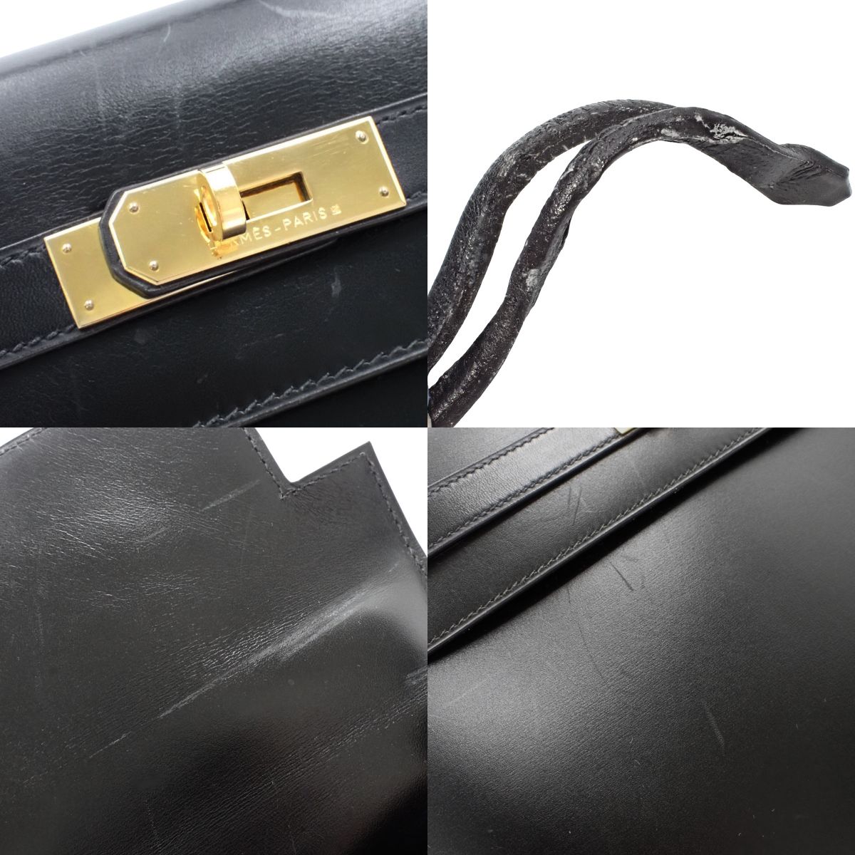 ケリー32 (外縫い) ボックスカーフ ブラック ゴールド金具 〇X刻印