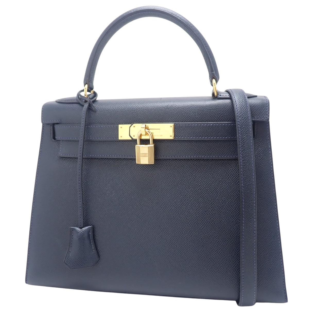 Kelly 28 (External Stitching) Kushvel Blue Indigo with Gold Hardware and X Stamp