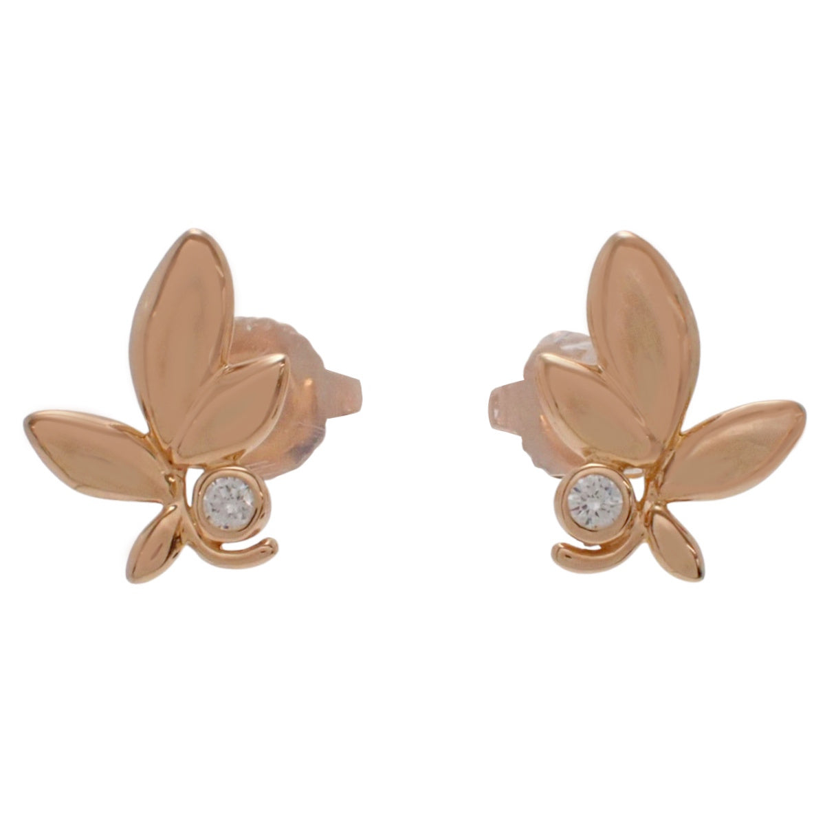 橄榄叶耳钉 钻石 玫瑰金 K18PG 2.0克