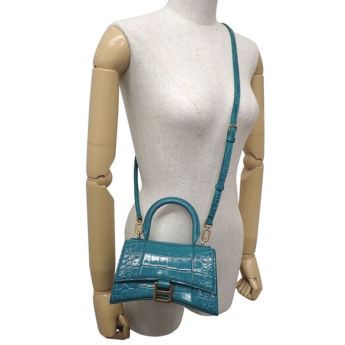 Hourglass Handbag XS in Crocodile-Embossed Turquoise Blue