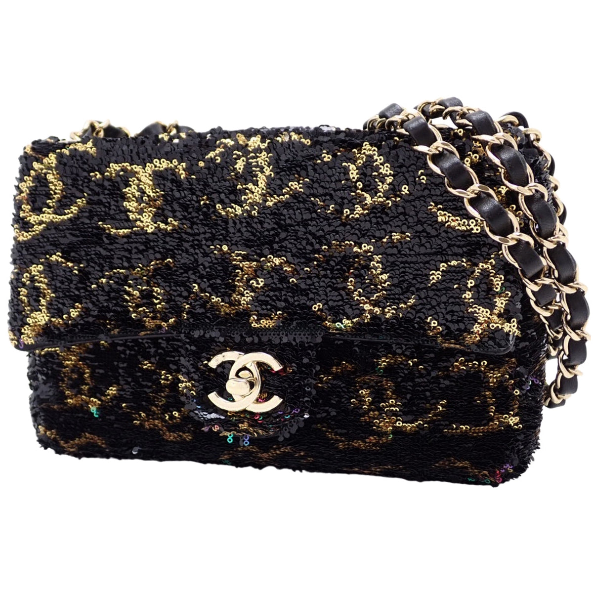 CC Mark Chain Shoulder Bag, Sequin Lambskin, Black Gold