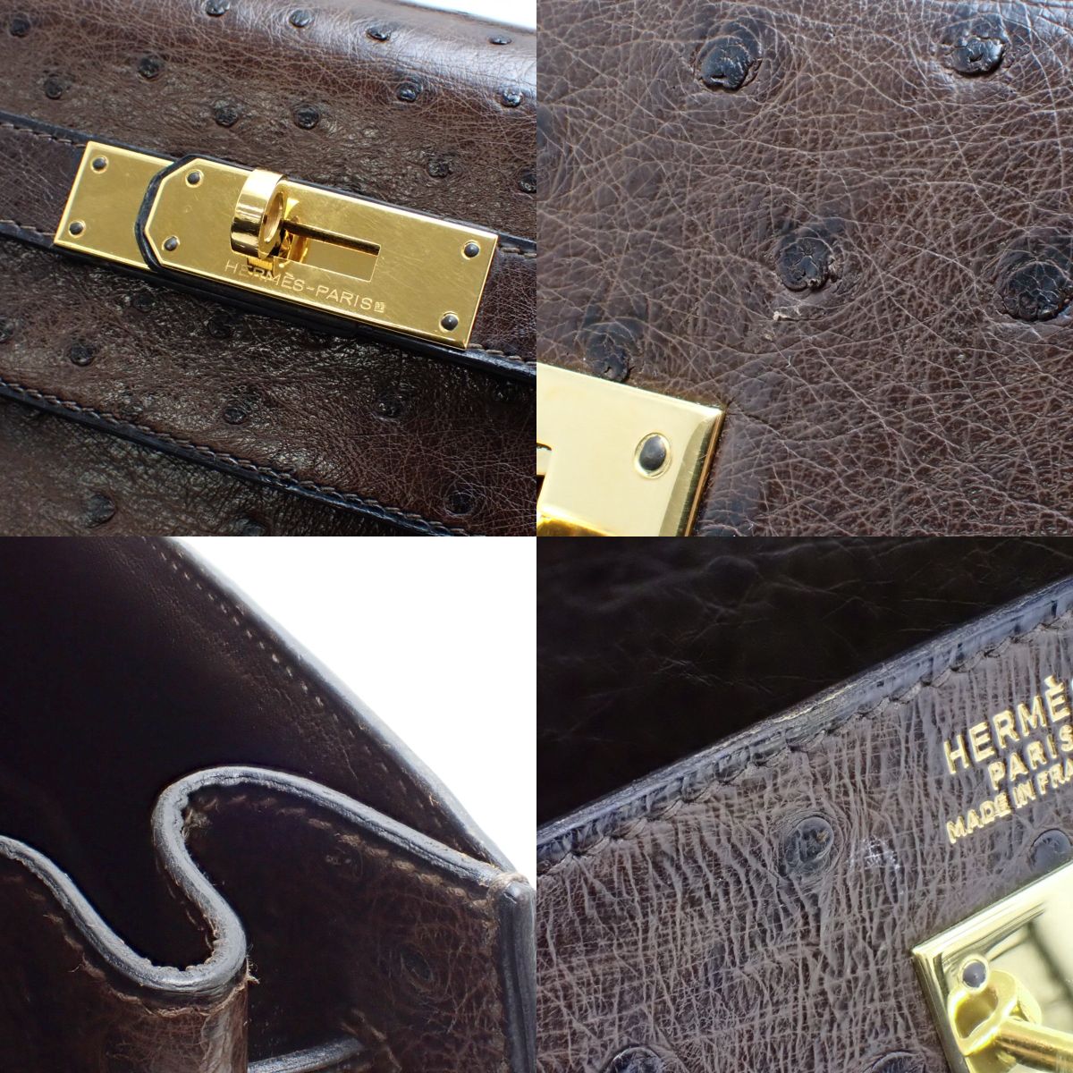 ケリー32 (外縫い) オーストリッチ ショコラ ゴールド金具 〇R刻印