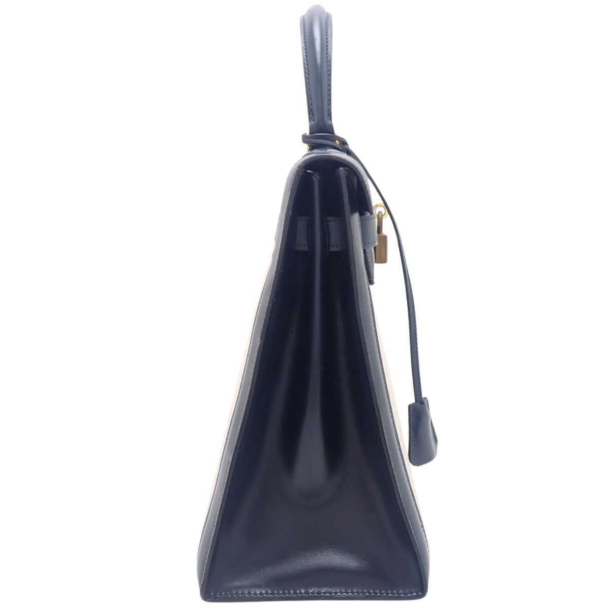 ケリー32 (外縫い) トワルアッシュ ボックスカーフ ベージュ ネイビー ゴールド金具 ○K刻印