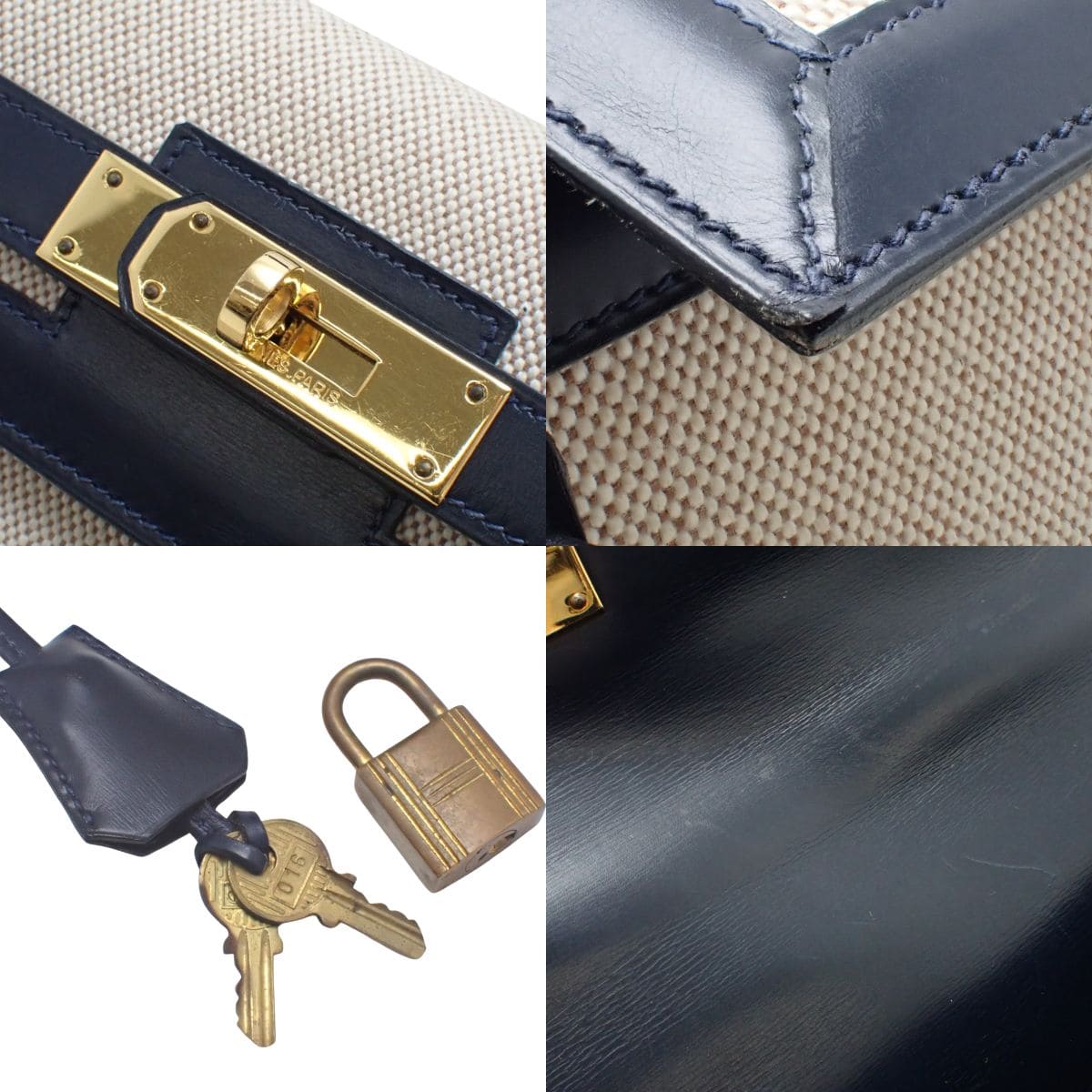 ケリー32 (外縫い) トワルアッシュ ボックスカーフ ベージュ ネイビー ゴールド金具 ○K刻印