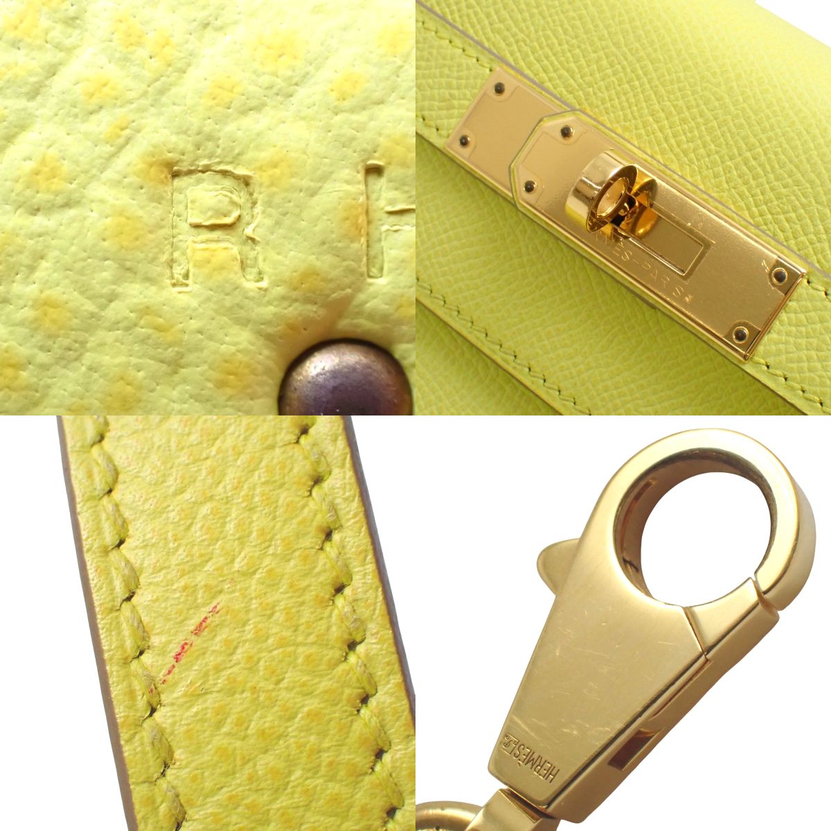 Kelly 32（外侧缝线）小牛皮 Epsom Lime 色，金色五金配件，R 标志