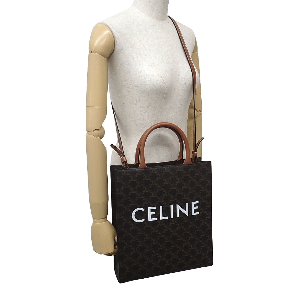 Small Vertical Cabas in Calfskin and Triomphe Canvas Dark Brown Brown 191542BZK