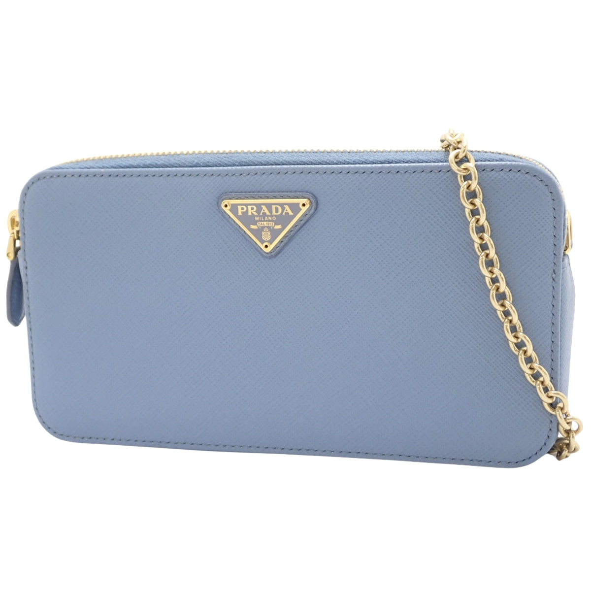 Triangle Logo Chain Wallet Saffiano Leather Light Blue 1DH010