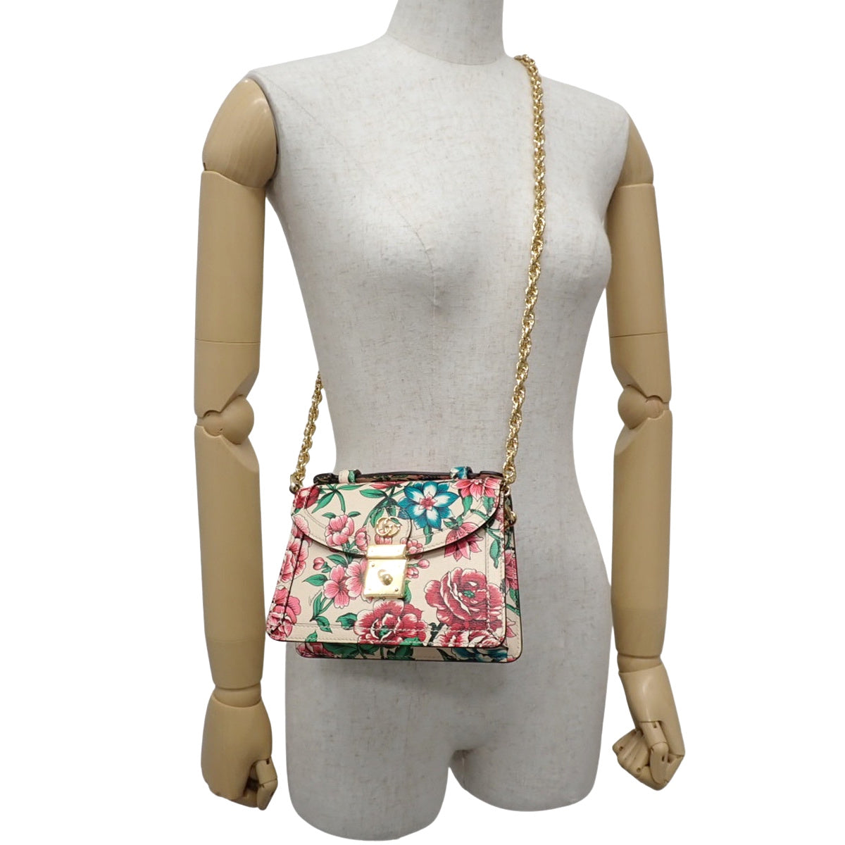 GG Mini Chain Shoulder Bag Leather Ivory Pink Multi-color 696180