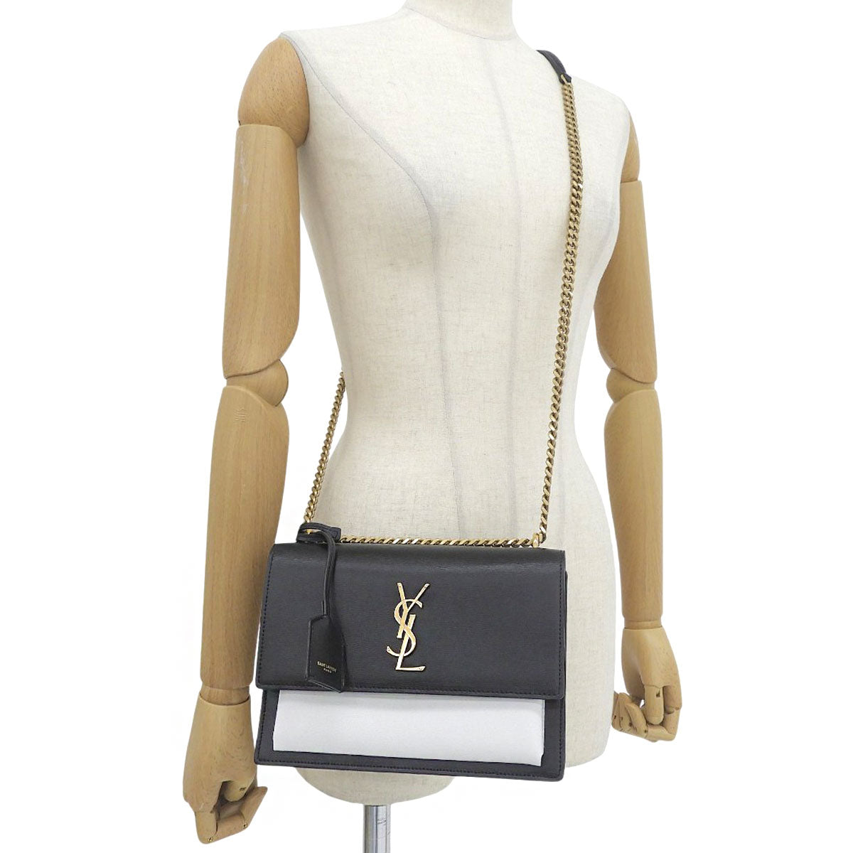 Sunset Chain Shoulder Bag Leather Black White 442906