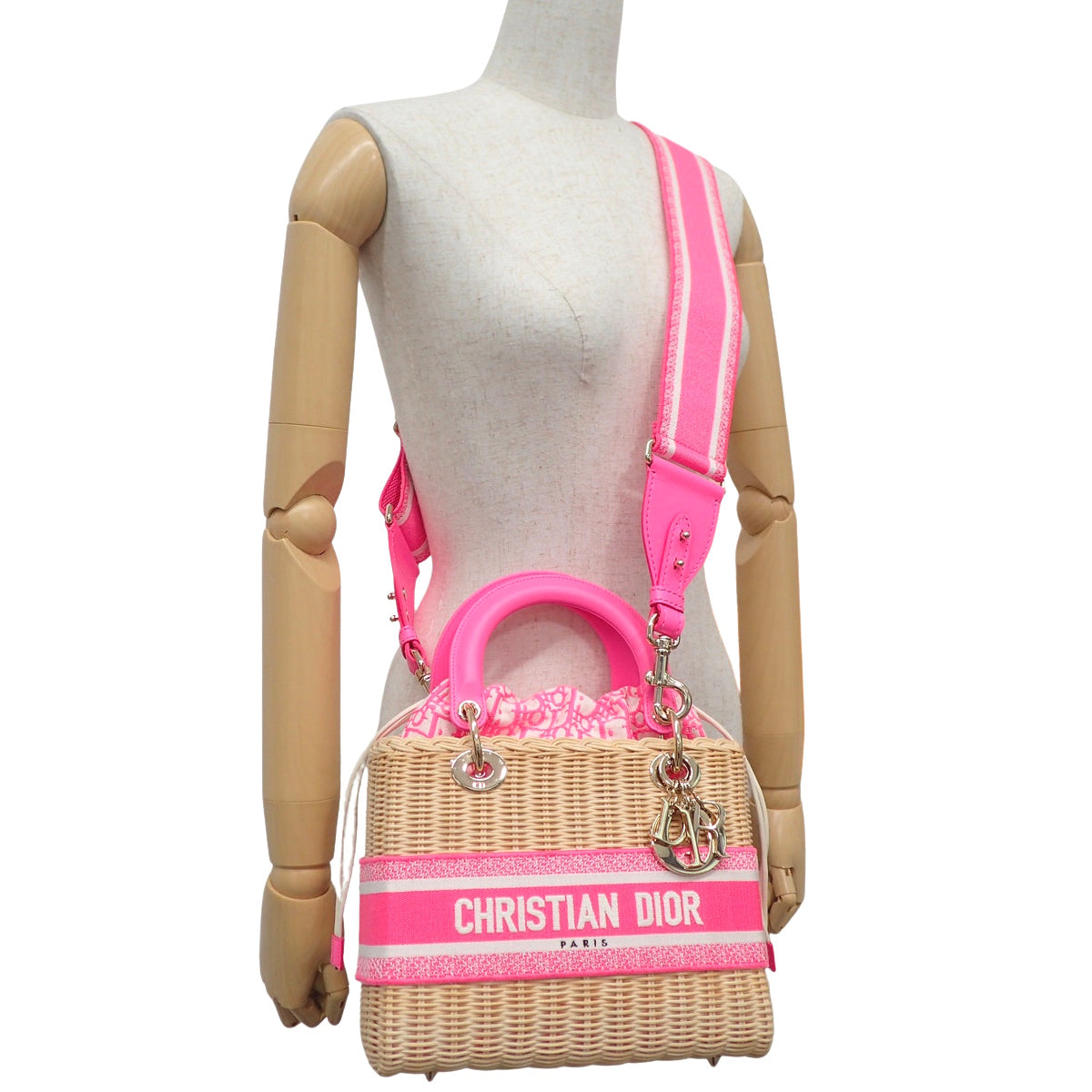 藤格纹 Lady Dior 中号 藤条 帆布 粉色 米色