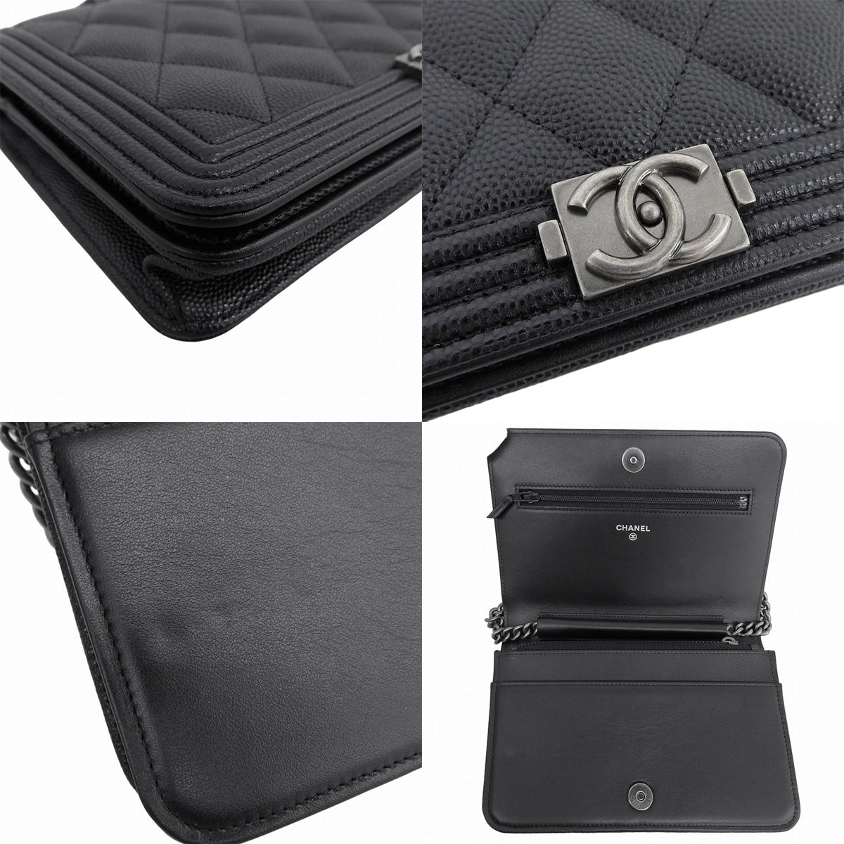 BOY CHANEL Matelasse Coco Mark Chain Wallet Caviar Skin Black AP1117