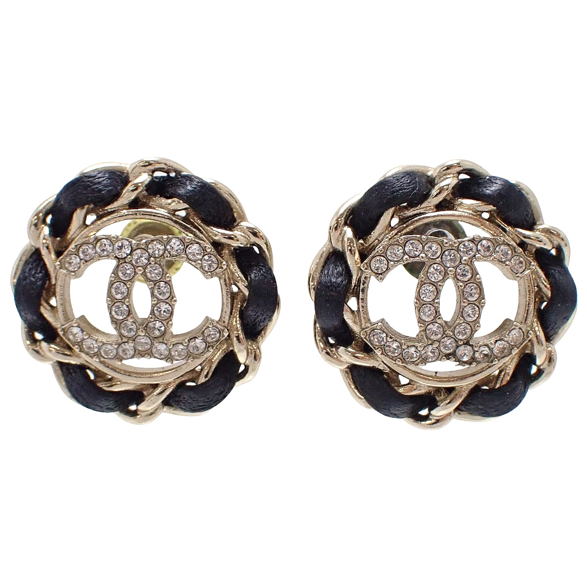 CC Mark Pierced Earrings Metal (GP) Leather Rhinestone