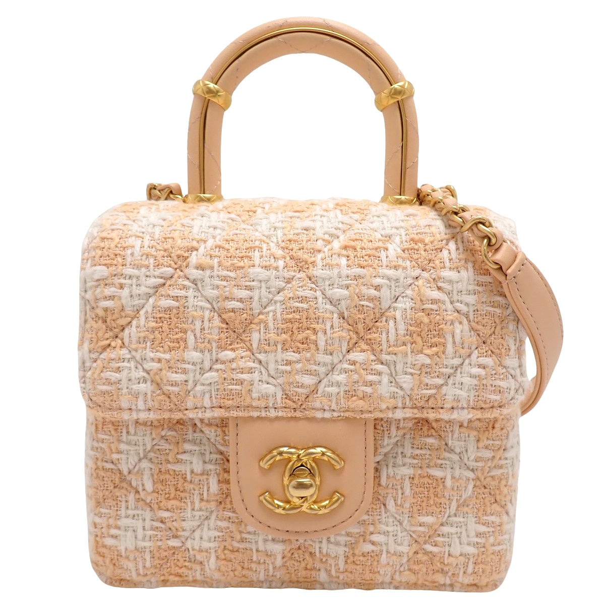 Matelassé Top Handle Coco Mark Mini Chain Shoulder Bag Tweed Leather Pink Ivory AS4035
