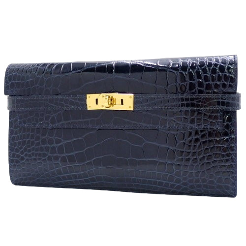 Kelly Wallet Long Blue Marine Alligator Crocodile Gold Hardware A Stamp Long Wallet
