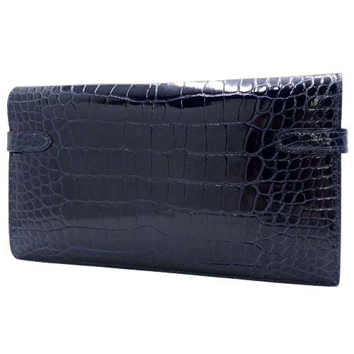 Kelly Wallet Long, Alligator/Crocodile, Bleu Marine, Gold Hardware, A stamp.