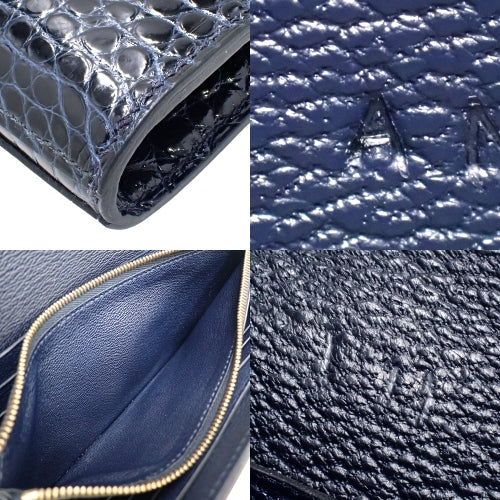 Kelly Wallet Long, Alligator/Crocodile, Bleu Marine, Gold Hardware, A stamp.
