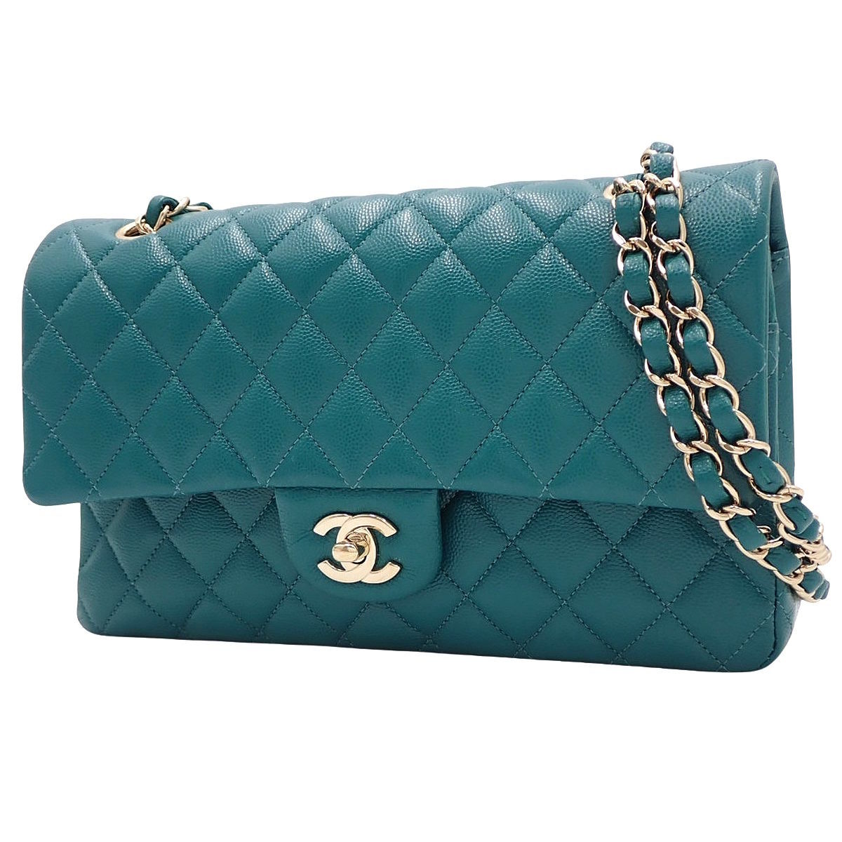 マトラッセ ココマーク Wフラップ25チェーンショルダーバッグ キャビアスキン グリーン A01112