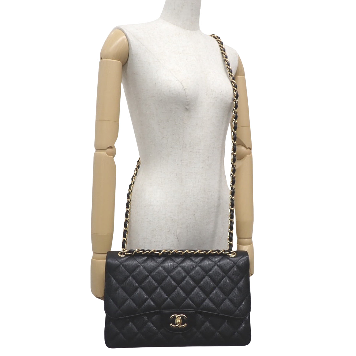 Matelasse Coco Mark Double Flap Chain Shoulder Bag, Caviar Skin, Black