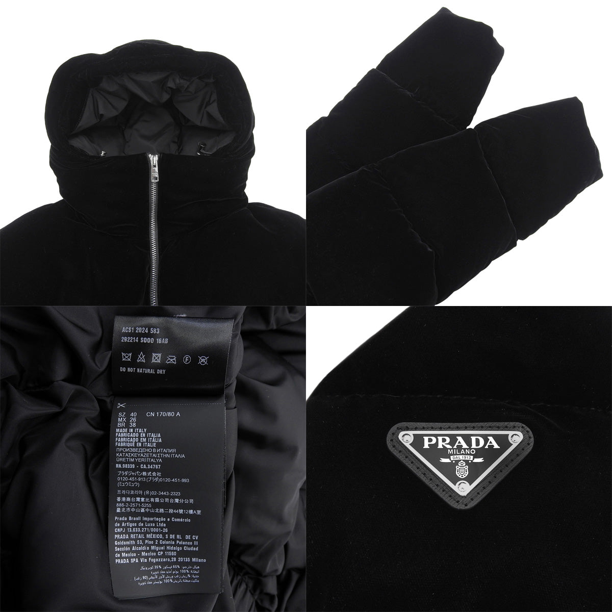 Triangle Logo Velour Hooded Down Jacket 2024 Size 40