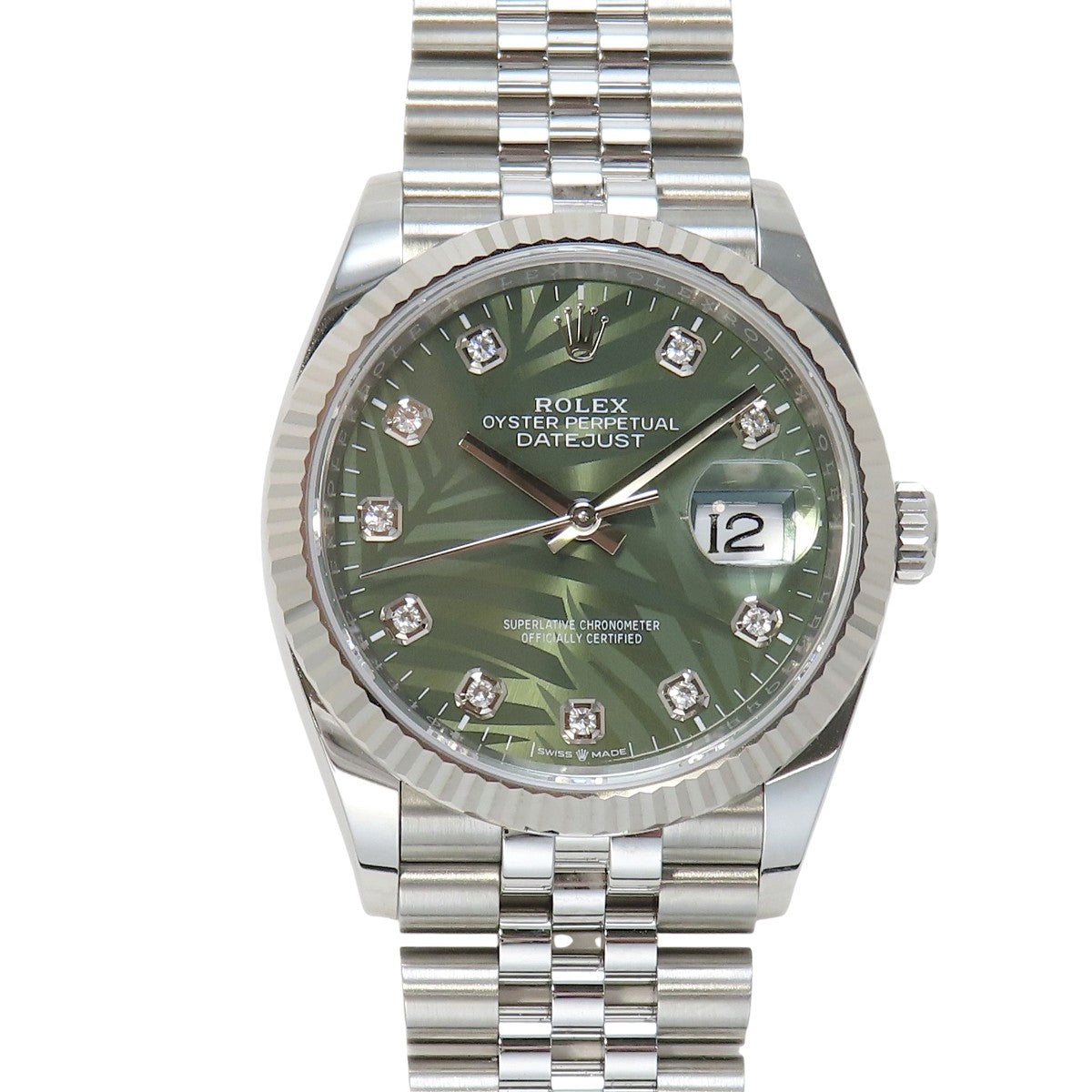 Datejust 36 Palm Motif WG/SS Random Serial Olive Green Dial Diamond Indices Automatic Men's