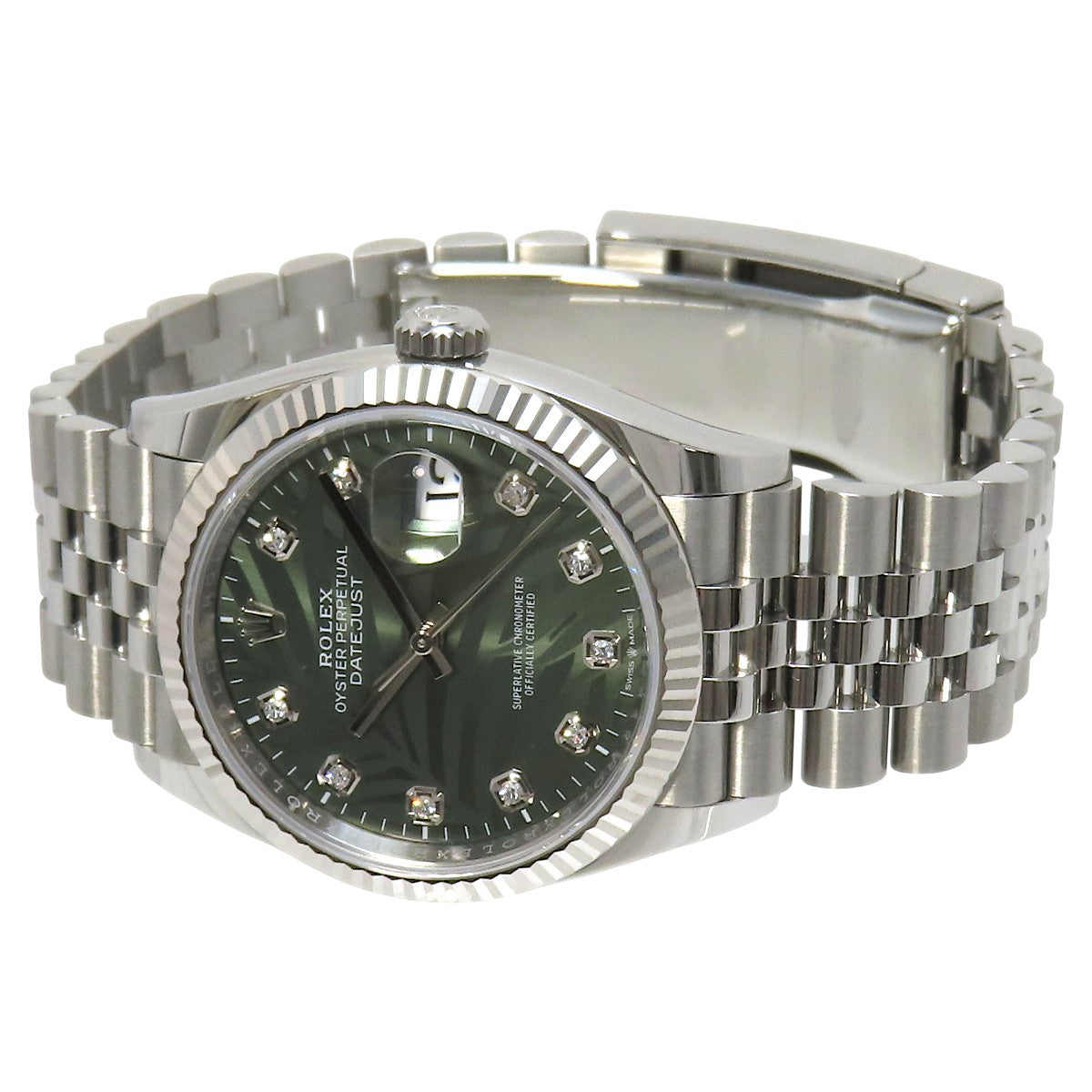 Datejust 36 Palm Motif WG/SS Random Serial Olive Green Dial Diamond Indices Automatic Men's