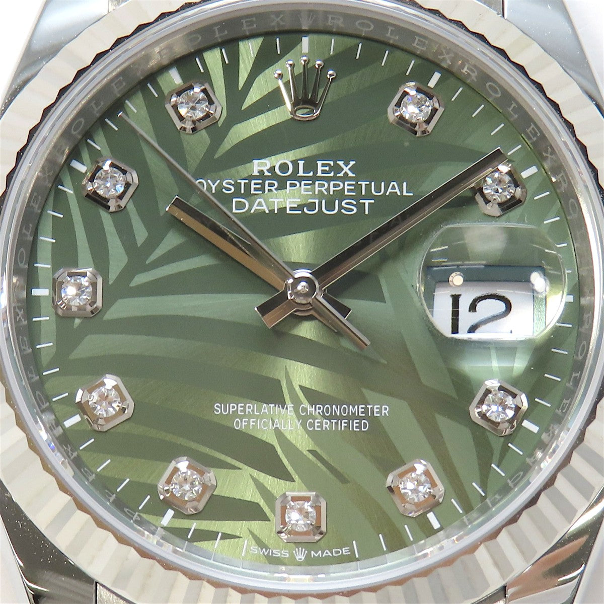 Datejust 36 Palm Motif WG/SS Random Serial Olive Green Dial Diamond Indices Automatic Men's