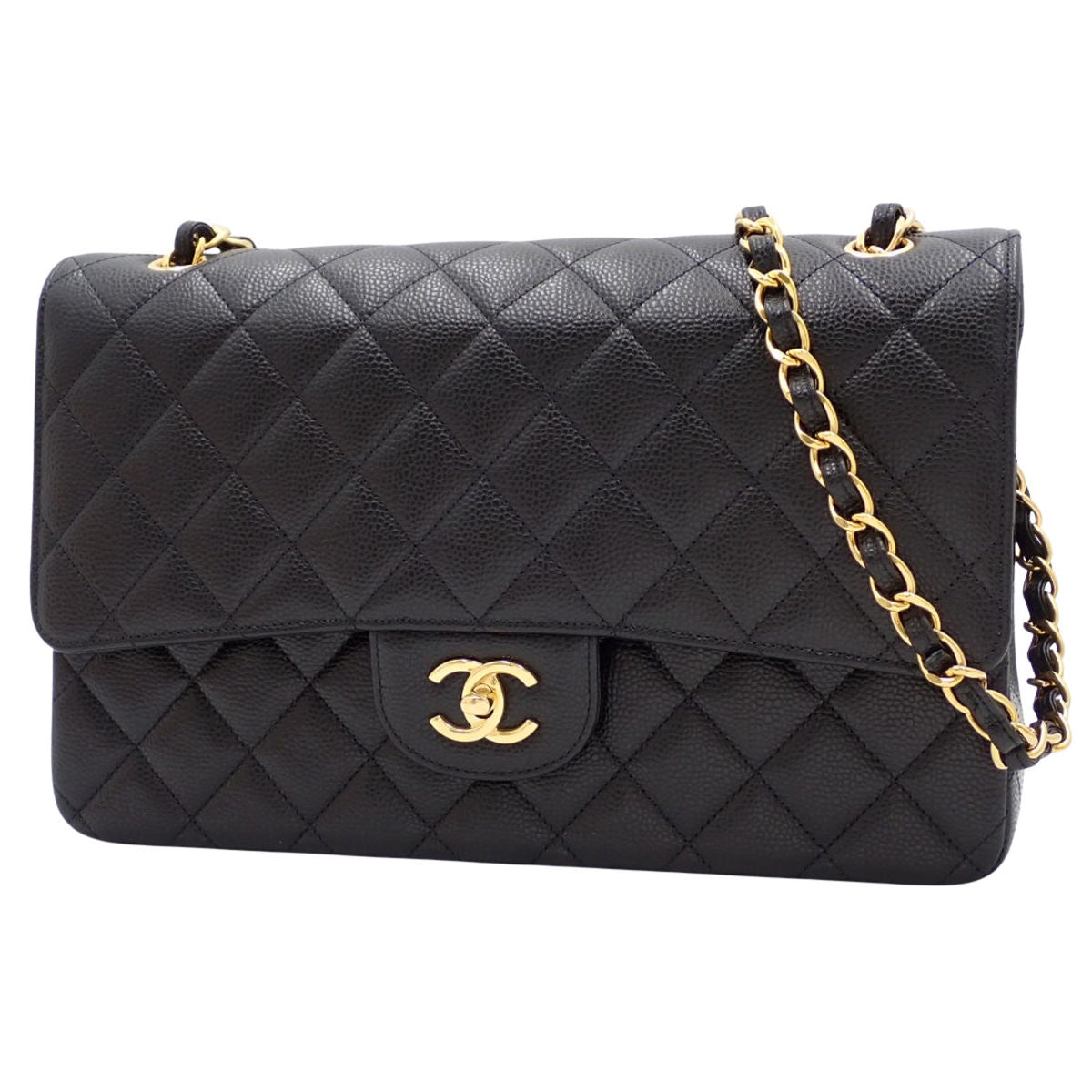 マトラッセ ココマーク Wフラップチェーンショルダーバッグ キャビアスキン ブラック デカマト30