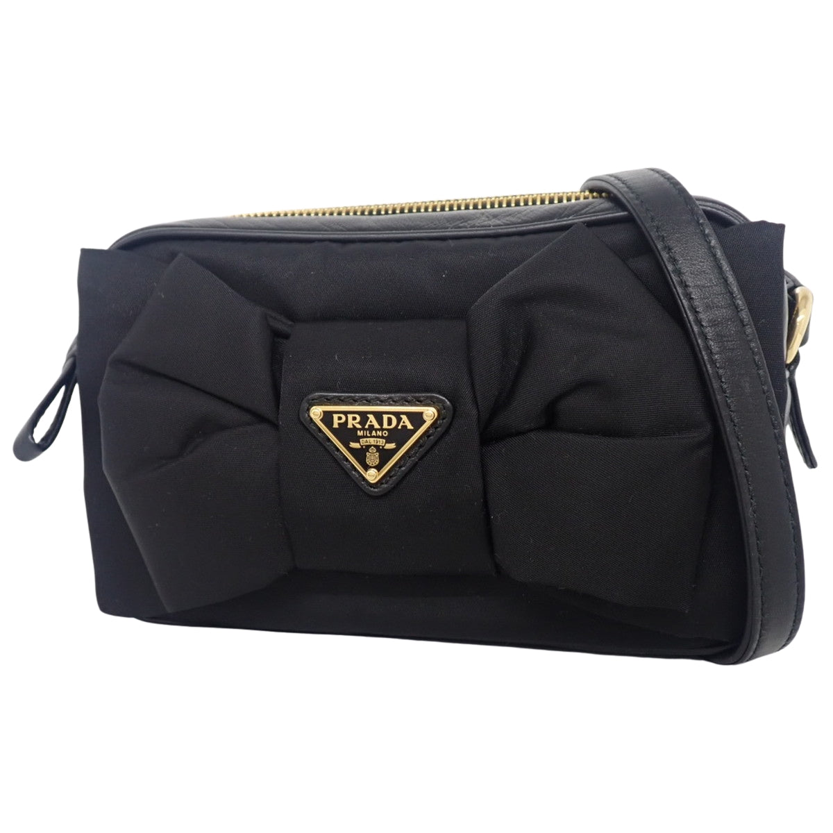 Ribbon shoulder bag, nylon and leather, black, 1BH166