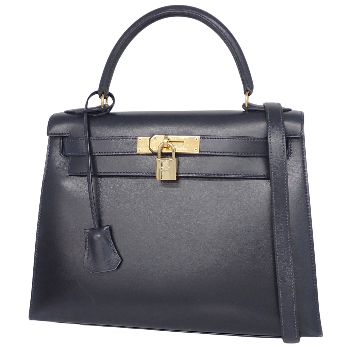 ケリー28 (外縫い) ボックスカーフ ネイビー ゴールド金具 〇V刻印