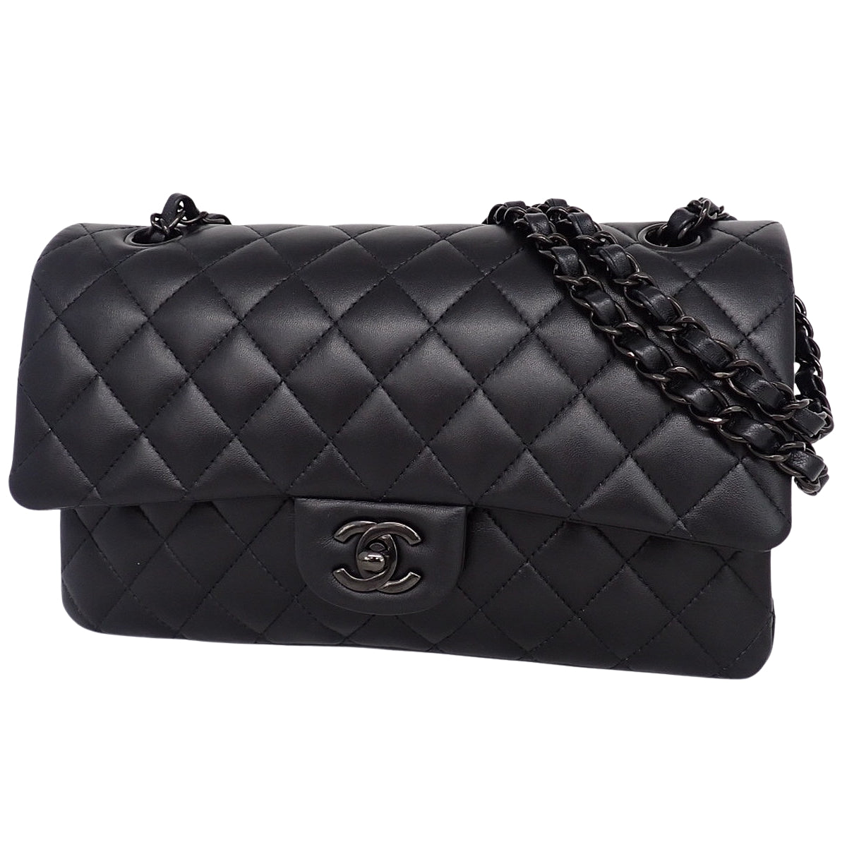 マトラッセ ココマーク Wフラップ25 チェーンショルダーバッグ ラムスキン ブラック A01112 ソーブラック