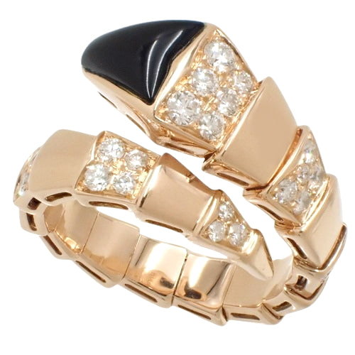 Serpenti Viper Ring, Diamond/Onyx, 347720 (current as of October 2024), 18K Pink Gold, PG, Accessory, Jewelry, Single Coil, Snake Motif, Size 14 (54)