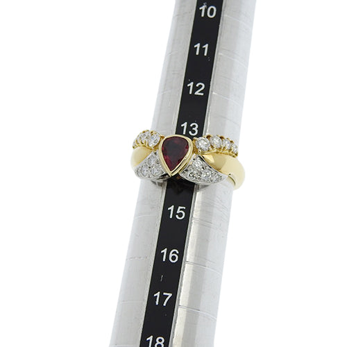 水滴形红宝石和钻石戒指，红宝石/钻石 R0.67/D0.59，K18 黄金（YG，Pt950 铂金）