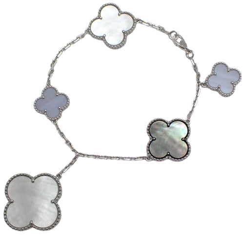 Magic Alhambra 5-Motif Bracelet with Mother-of-Pearl/Chalcedony and 18K White Gold with Clover Motif