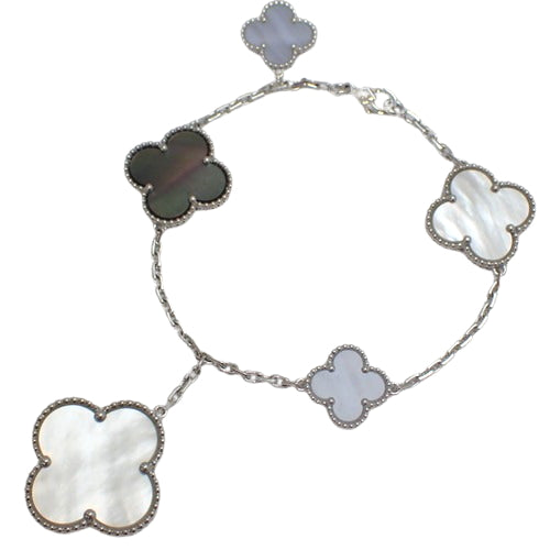Magic Alhambra 5-Motif Bracelet with Mother-of-Pearl/Chalcedony and 18K White Gold with Clover Motif