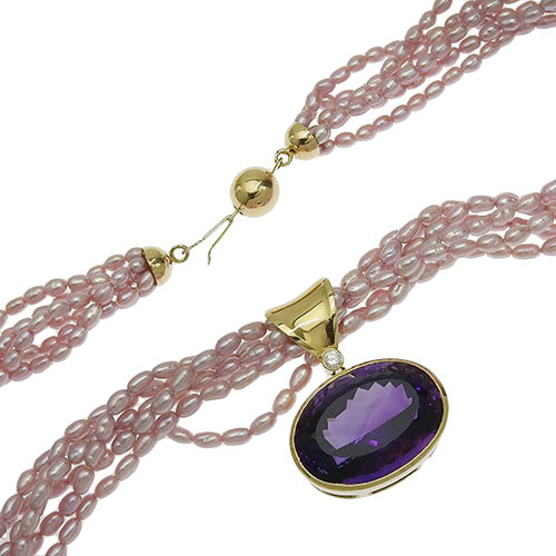 六串项链，镶嵌珍珠、紫水晶和钻石，AM39.98，D0.14，18K 黄金，YG，珍珠