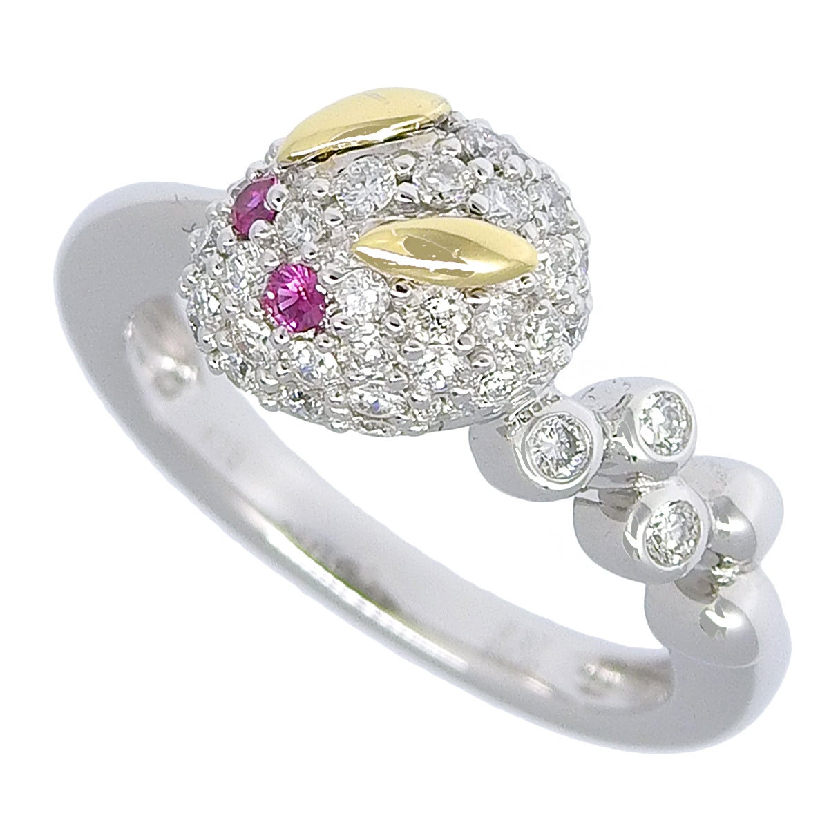 Ruby and Diamond Rabbit Ring, R0.01/D0.37, 18K White Gold (WG) and 18K Yellow Gold (YG), Snow Rabbit Design