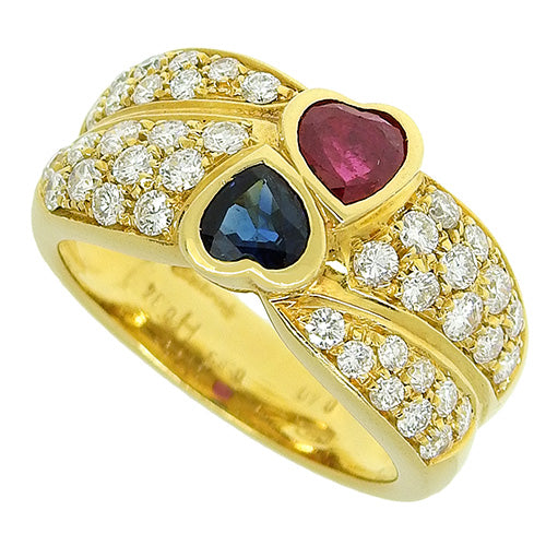 红宝石和蓝宝石心形戒指，D0.89/R0.40/S0.34，18K 黄金