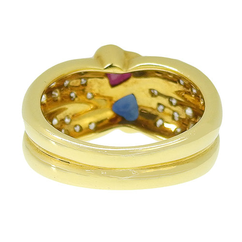 红宝石和蓝宝石心形戒指，D0.89/R0.40/S0.34，18K 黄金