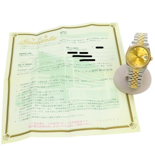 【保証書付】 16233G デイトジャスト36 YG/SS X番(1991年) 自動巻き シャンパンゴールド