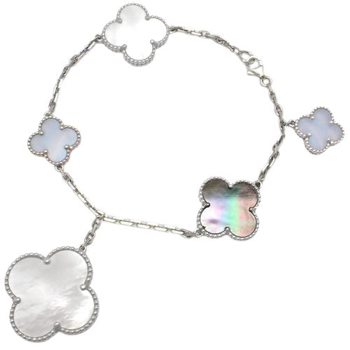 Magic Alhambra Bracelet, 5 Motifs, White Mother-of-Pearl/Grey Mother-of-Pearl/Chalcedony, 18K White Gold, WG